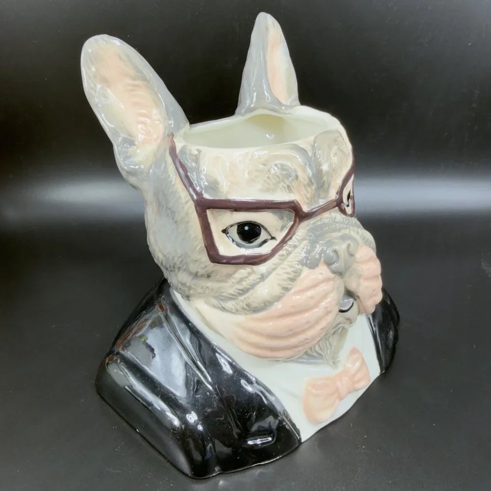 West Elm French Bulldog Planter Vase‎ Decor Dapper Animal Porcelain Figurine New